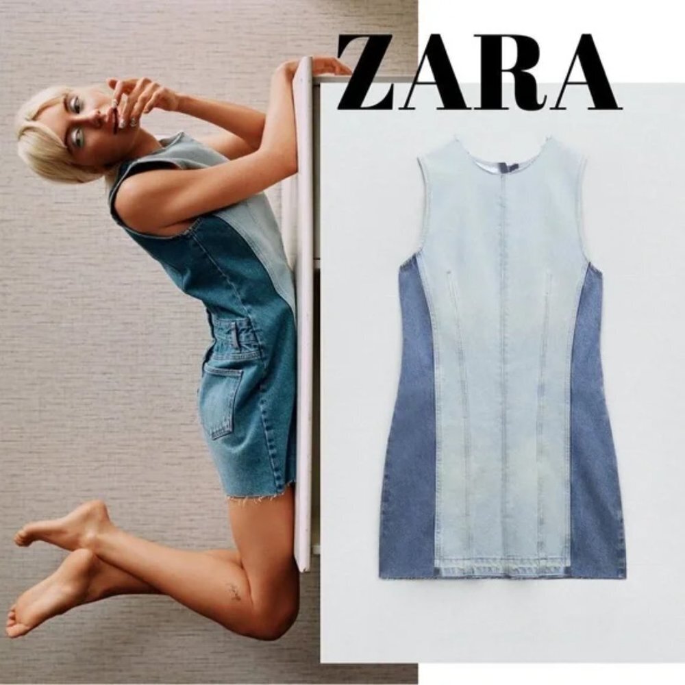 🦋 Bloggers Favorite 🦋 Zara TRF Patchwork Raw Edge Hem Denim Dress Size M